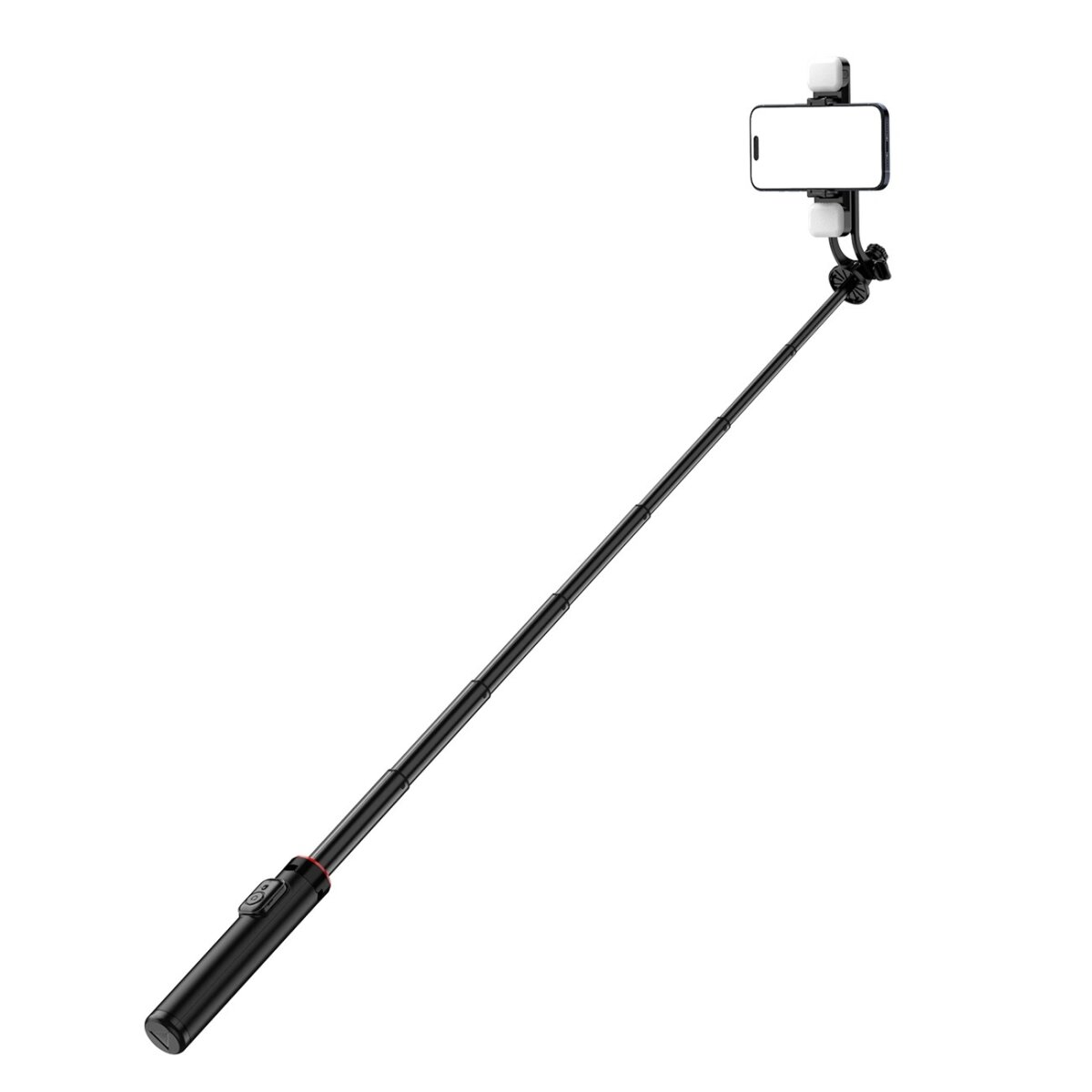 Ein schwarzer Selfie-Stick mit einem befestigten Telefon und einem Licht.