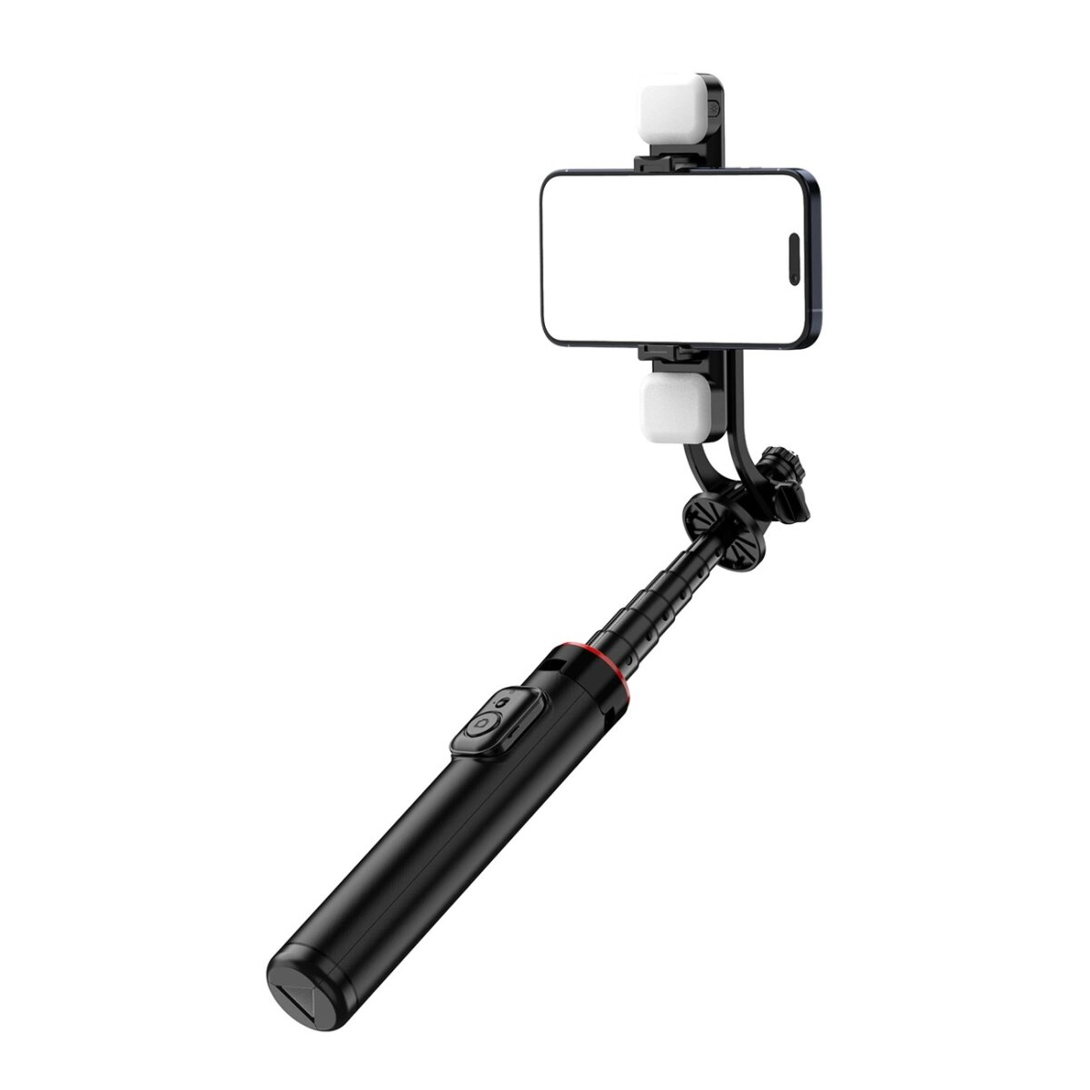 Schwarzer Selfie-Stick mit Telefon, zwei Lichtern und weißem Hintergrund.