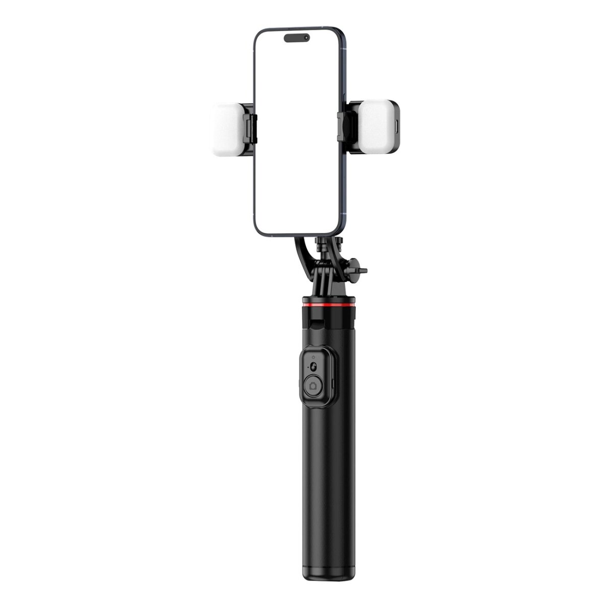 Schwarzer Selfie-Stick mit einem Telefon und zwei daran befestigten Lichtern. Das Telefon ist weiß und aufrecht.