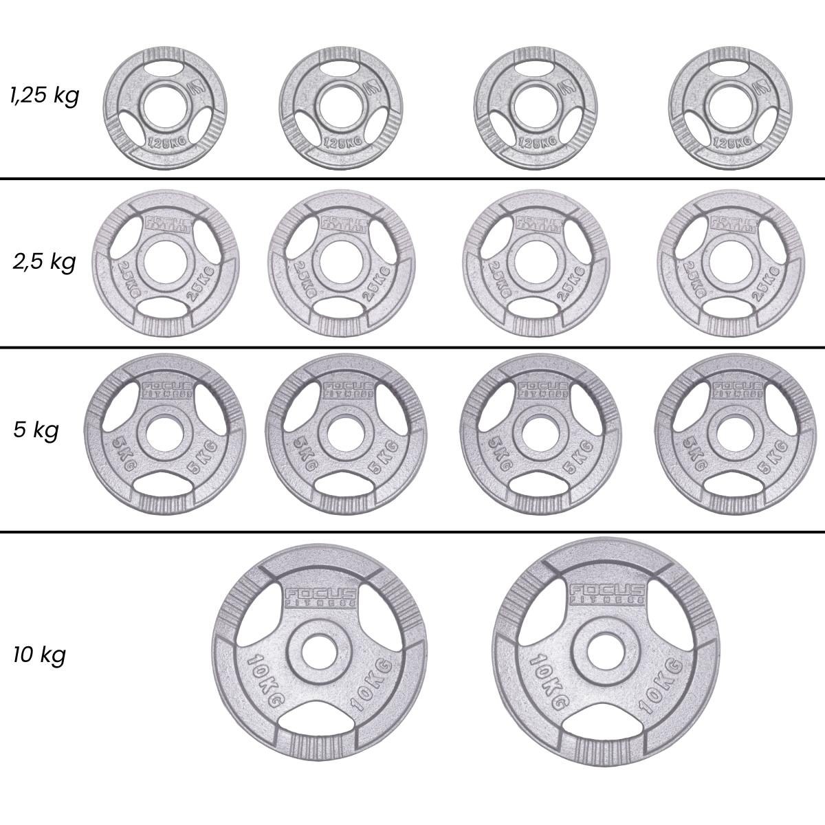 Four weight plates with labels. 1.25kg, 2.5kg, 5kg, and 10kg. All are silver, with three holes.