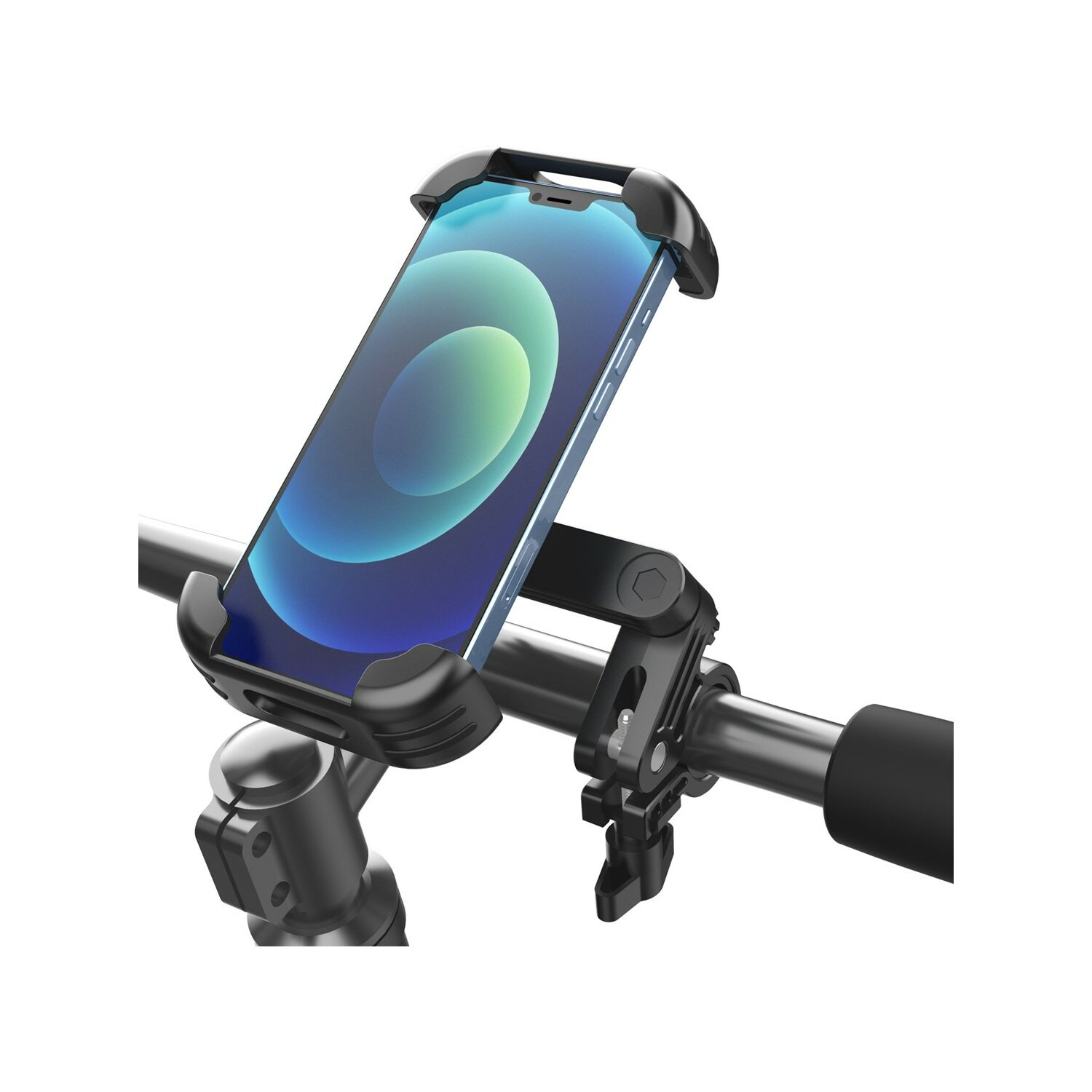 Schwarzer Telefonhalter an Fahrradlenker montiert, hält ein Telefon mit blauem Bildschirm.
