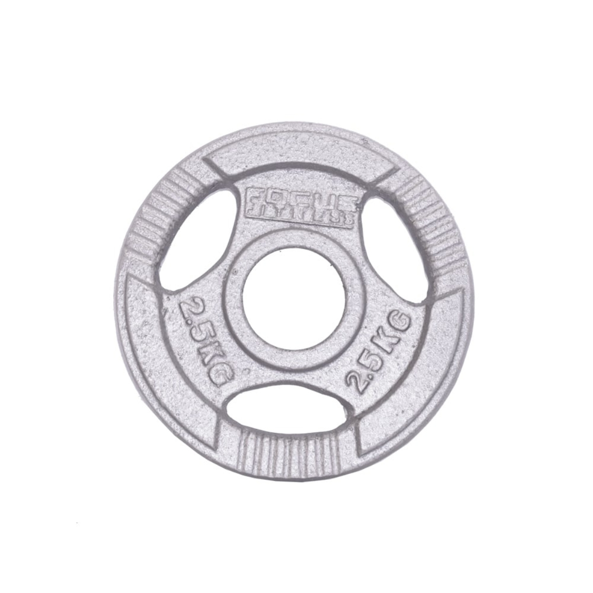 Gray weight plate with three holes. The plate has 'FOCUS FITNESS' and '2.5KG' printed on it.