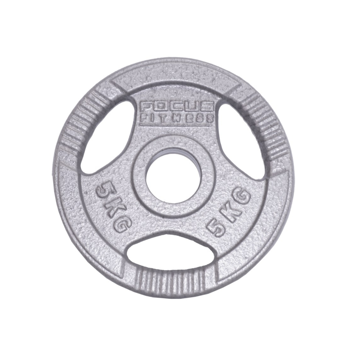 A gray weight plate with a circular design, labeled with '5KG' and the brand name.