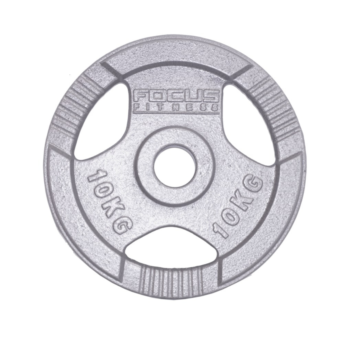 Silver weight plate with three openings. Text: FOCUS FITNESS and 10KG.