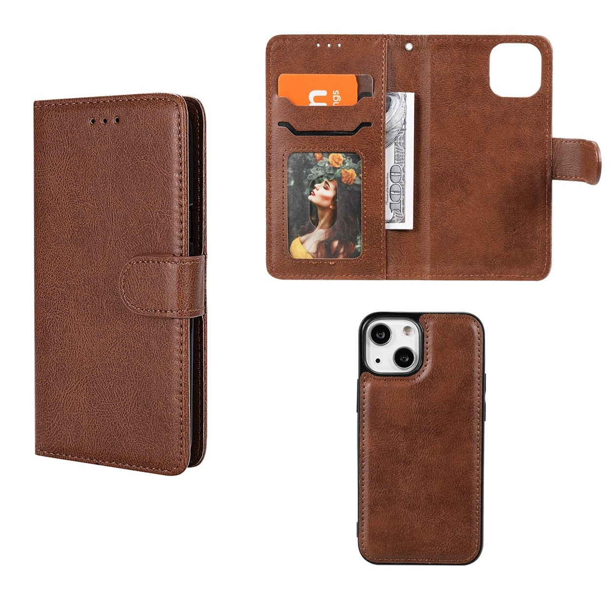 Brown phone case open, showing a woman's photo, card slots, and money. Additional case and back cover are shown.