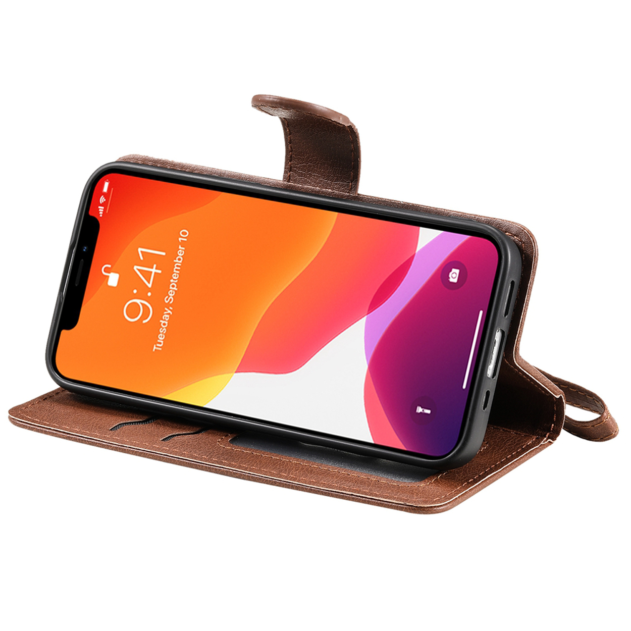 Open brown phone case with a phone inside, showing the time. The case has a leather-like texture.