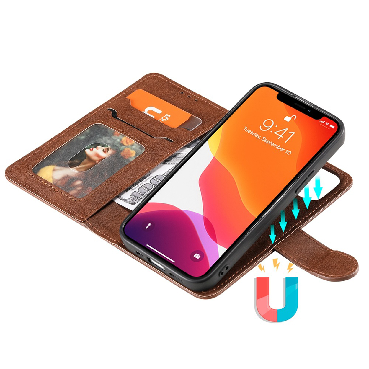 Brown phone case with a phone, money, and a card. The case is open, revealing the contents.