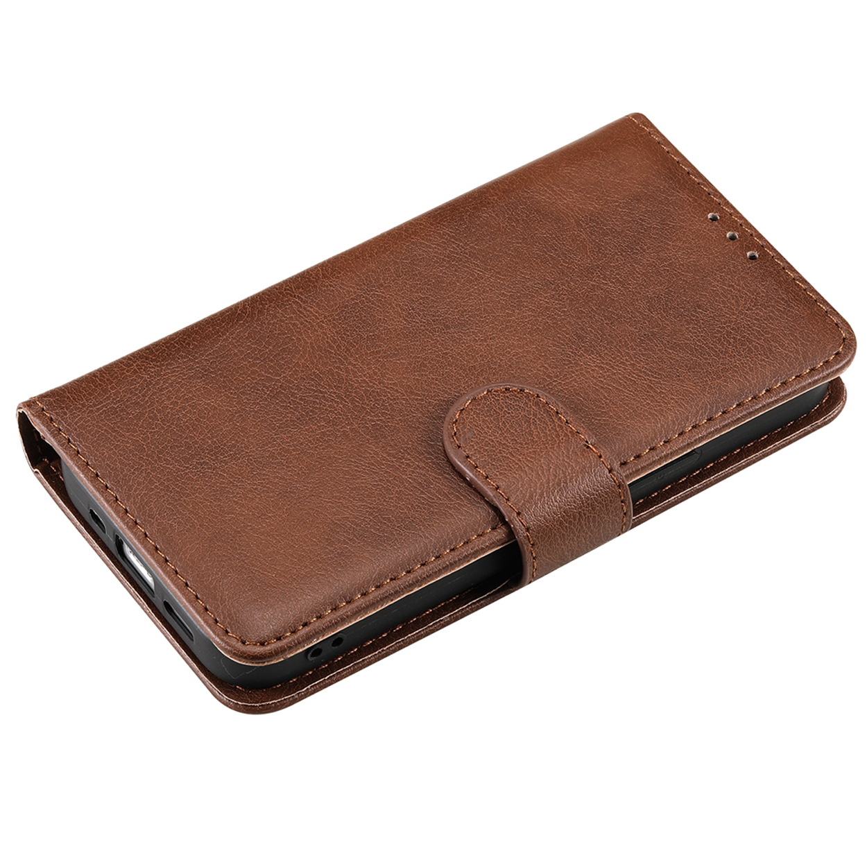 Brown leather phone case, closed, on a white surface. The case has a magnetic clasp.