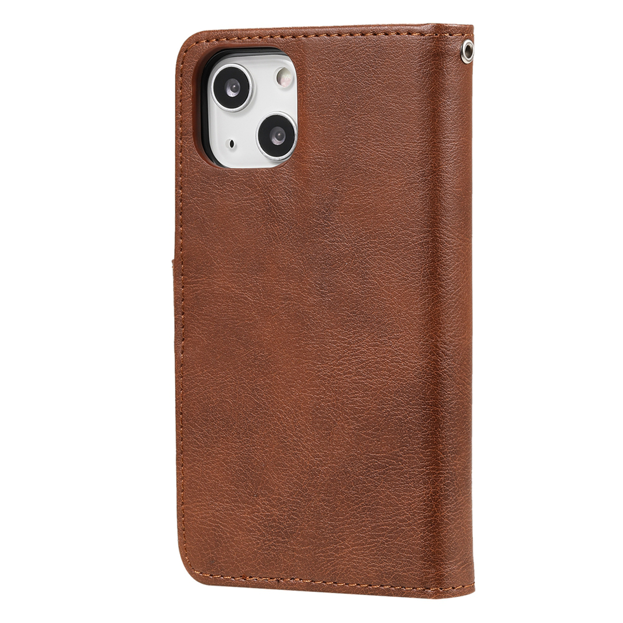 Brown leather iPhone case, showing the back and side with camera opening.