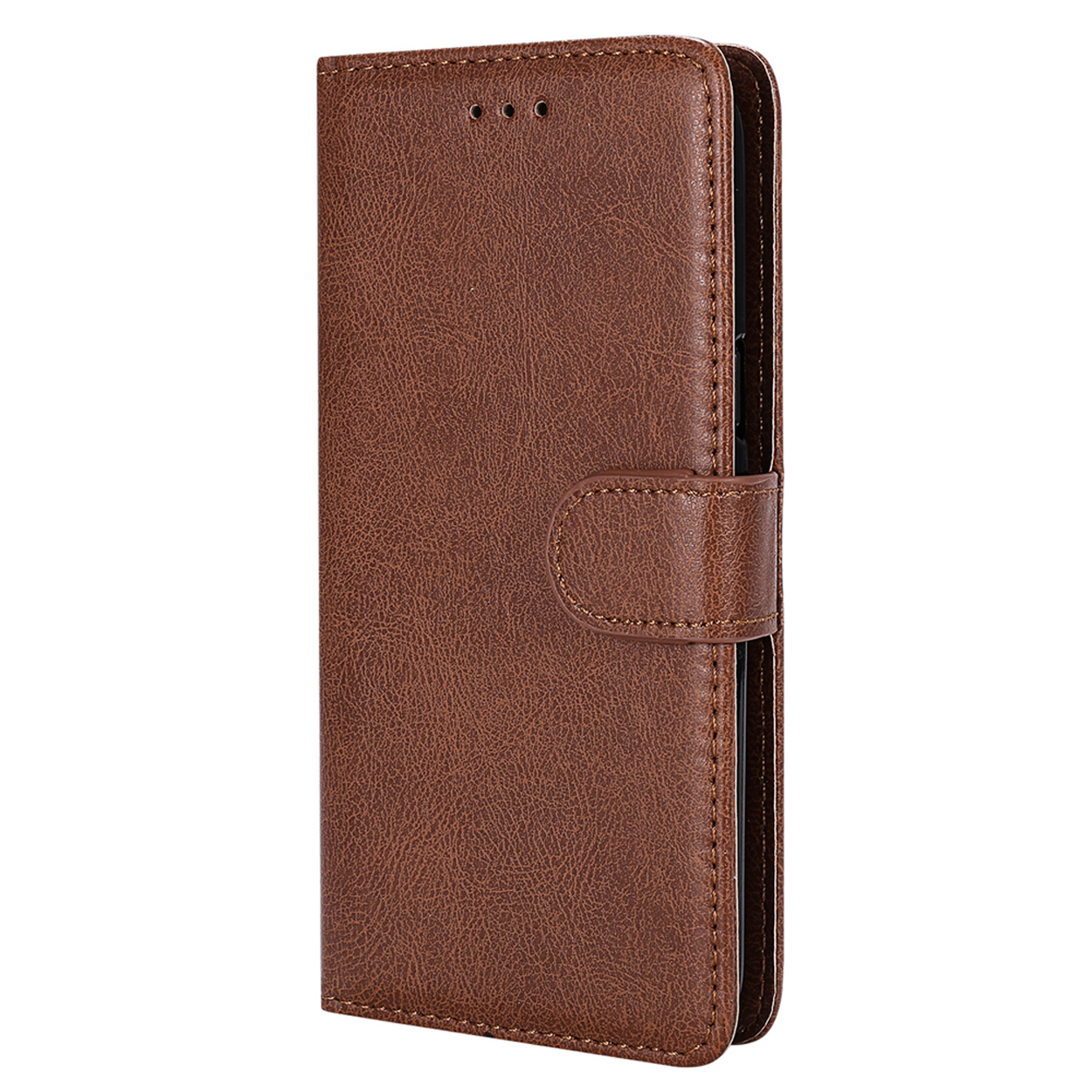 Brown phone case wallet style. The phone is inside. White background.