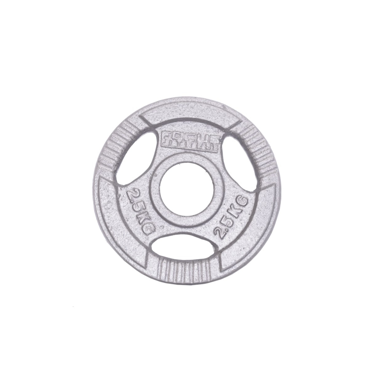 Silver weight plate with three holes and text 2.5KG. White background.