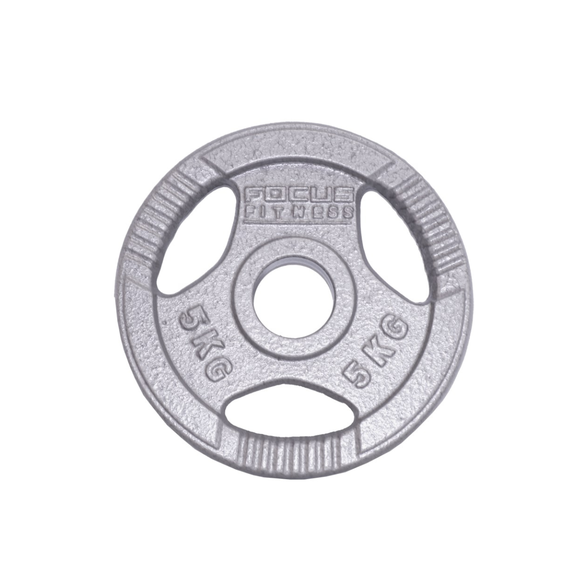 A single, silver, 5kg weight plate with three holes. The words 'Focus Fitness' are printed on it.