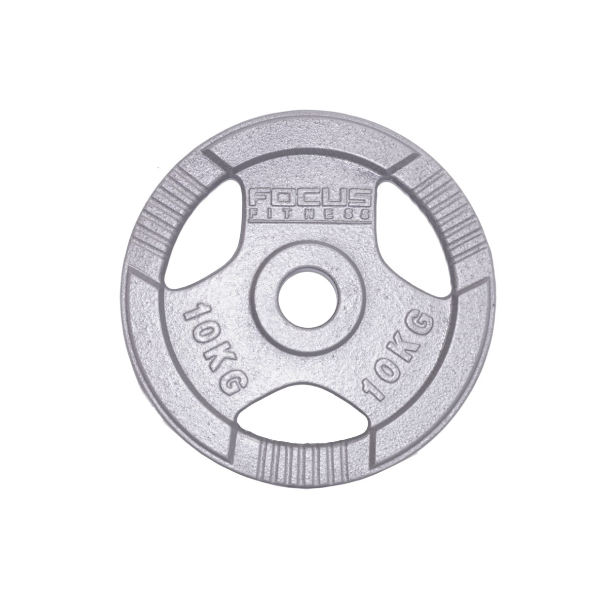 Silver weight plate with 'FOCUS FITNESS' and '10KG' text. Isolated on white.