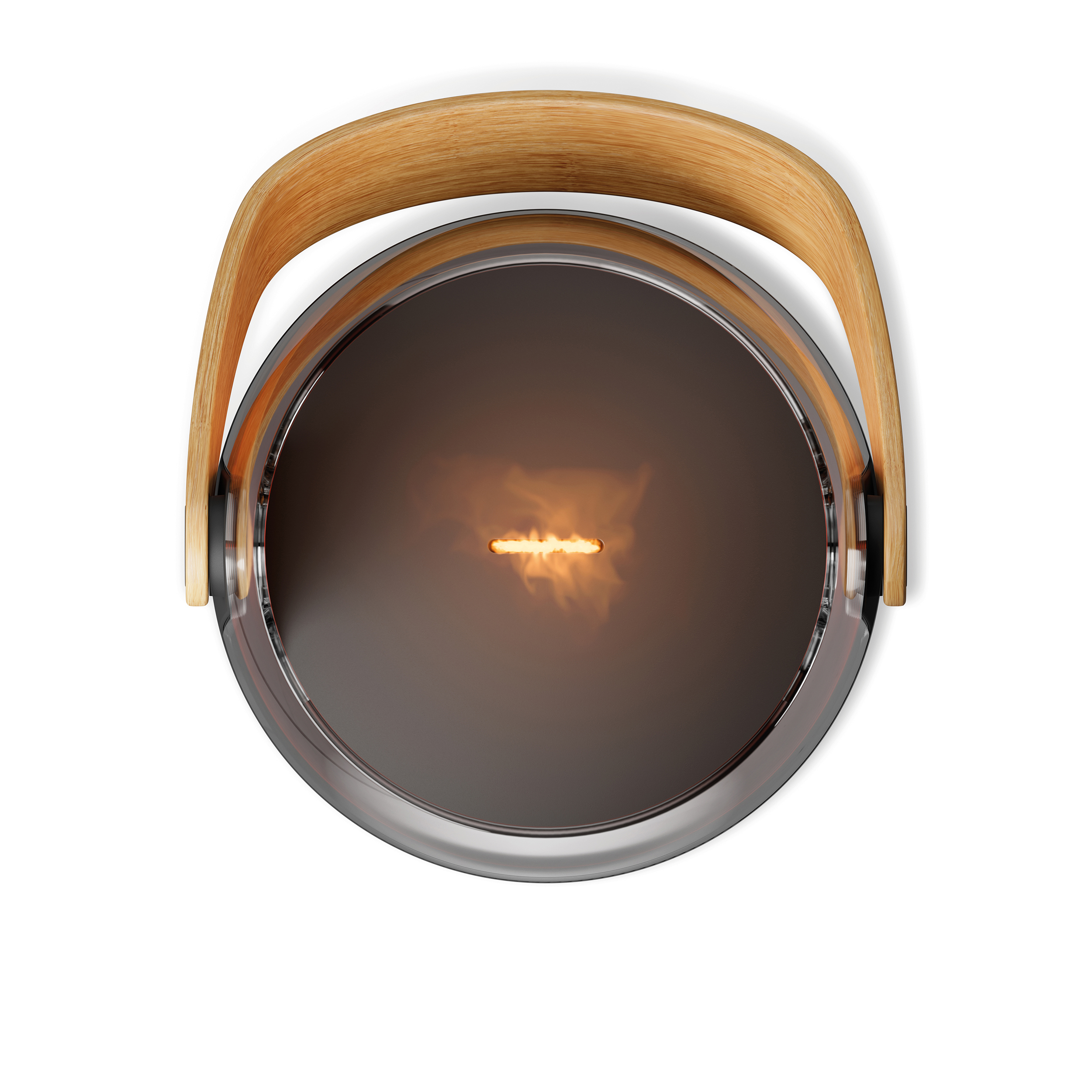 Świeca w szklanym pojemniku z drewnianym uchwytem, widok z góry na białym tle.