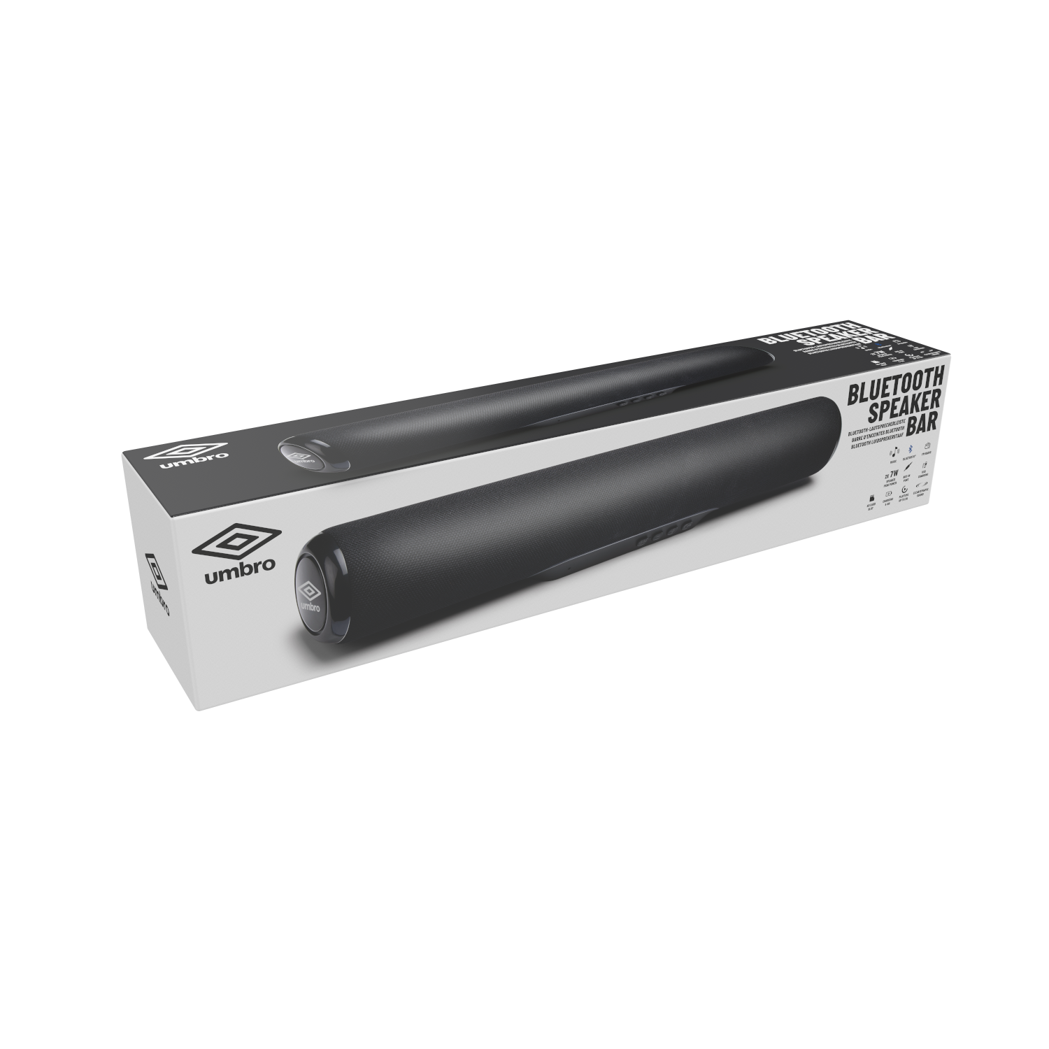 Una soundbar Bluetooth Umbro nera nella sua scatola. La scatola è bianca con testo nero e il logo Umbro. L'altoparlante è cilindrico.