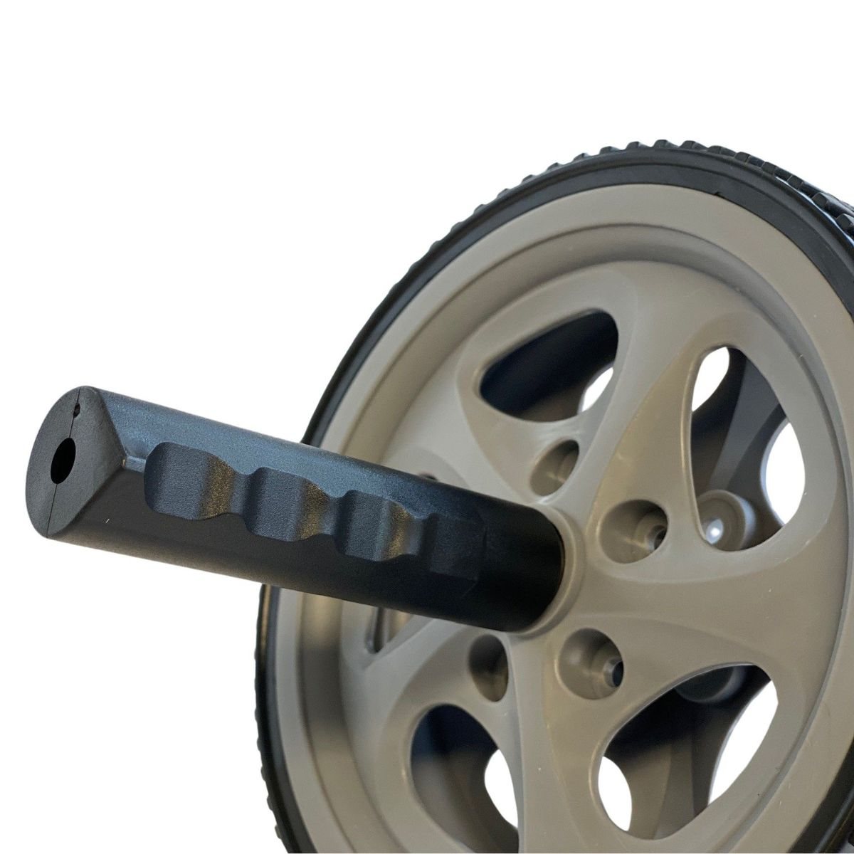 Close-up of an ab wheel. Black handle with gray wheel and black tire. White background.