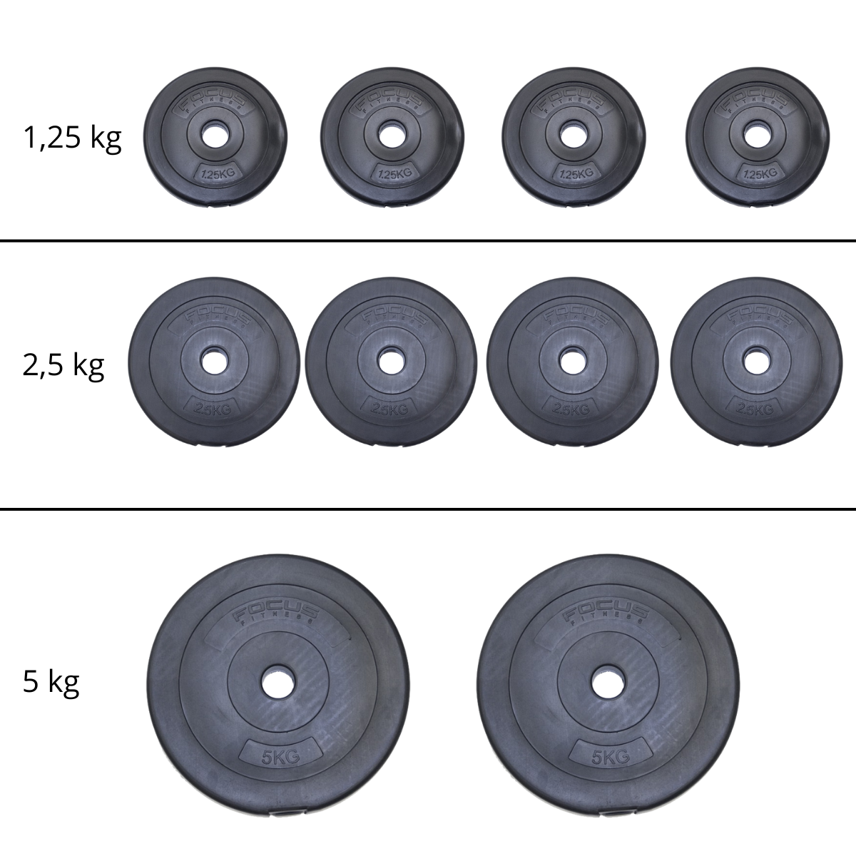 Gewichtschijven: Vier 1,25 kg, vier 2,5 kg en twee 5 kg, zwart. Witte achtergrond.