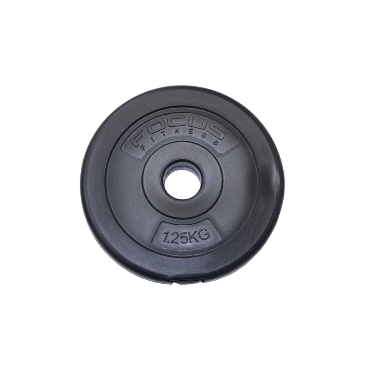 Zwarte gewichtschijf met centraal gat, tekst 'FOCUS FITNESS' en gewicht 1,25 KG.