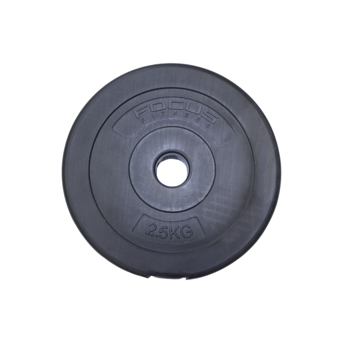 Zwarte gewichtplaat met de tekst "FOCUS FITNESS" en "2.5KG". Witte achtergrond.