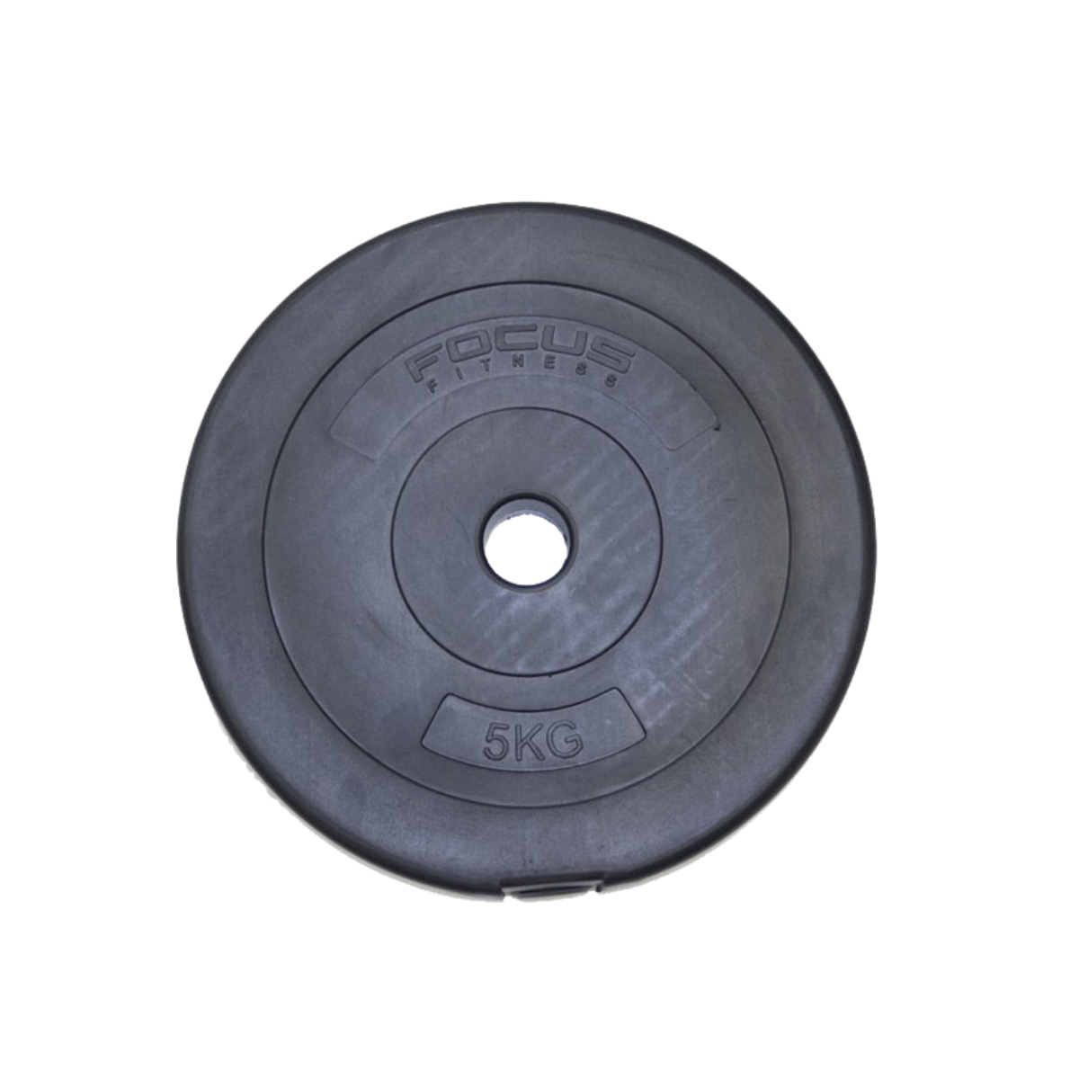 Zwarte, ronde gewichtschijf met de tekst “FOCUS FITNESS” en “5KG” in wit. De schijf heeft een centraal gat.
