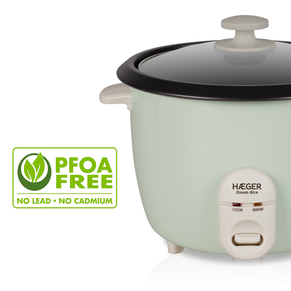 Cuociriso verde menta con coperchio nero, etichetta senza PFOA.