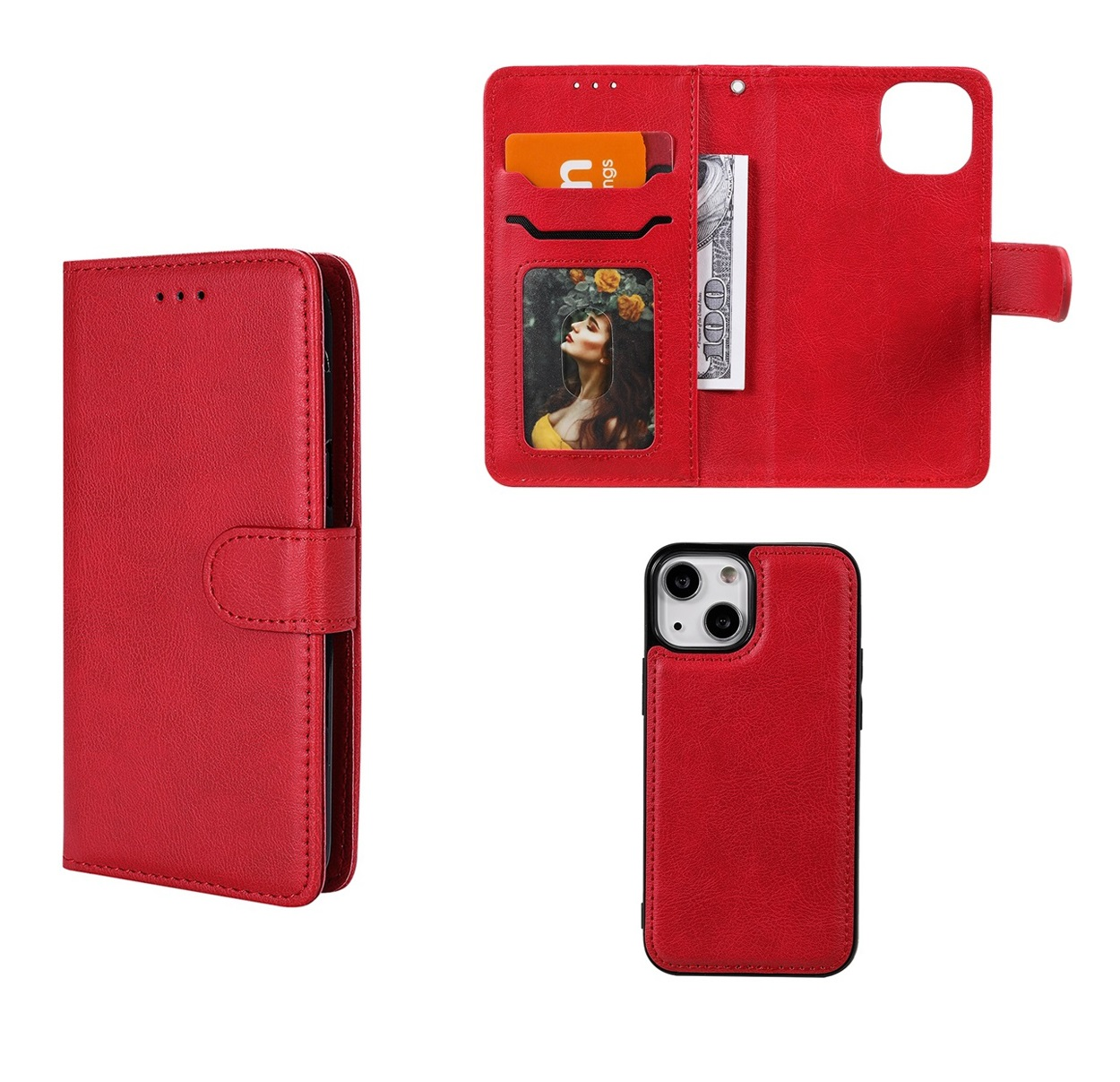 Rode telefoonhoes met kaartsleuven, geld en een telefoon.