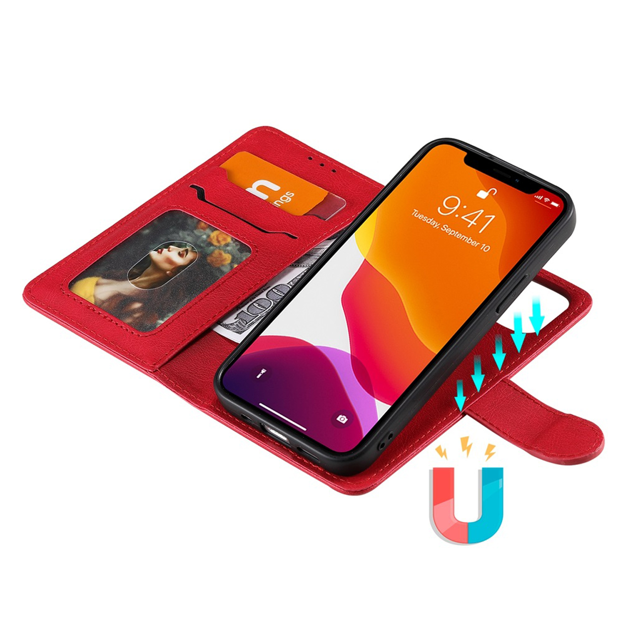 Rode telefoonhoes met een telefoon erin, contant geld en een kaart. Een magnetisch symbool is ook te zien.