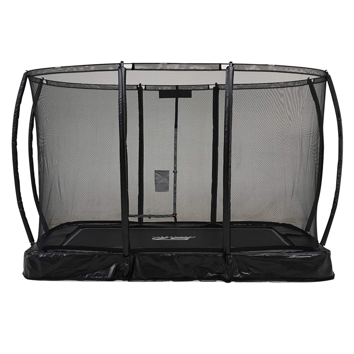 Een zwarte rechthoekige trampoline met een veiligheidsnet. Het is geïsoleerd.