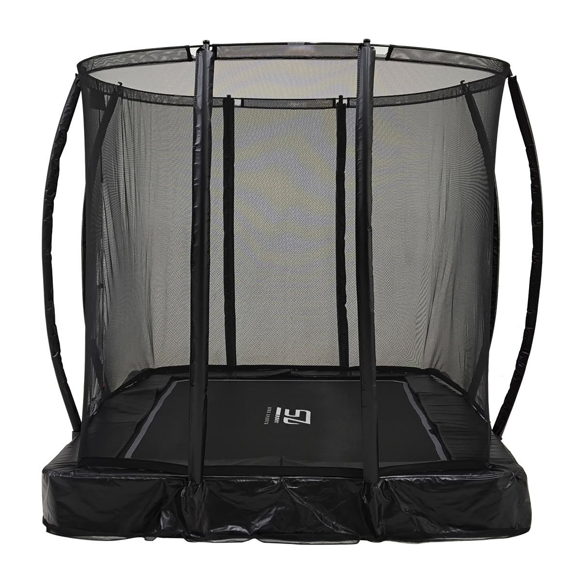 Een zwarte trampoline met een omringend veiligheidsnet, op een zwarte basis.