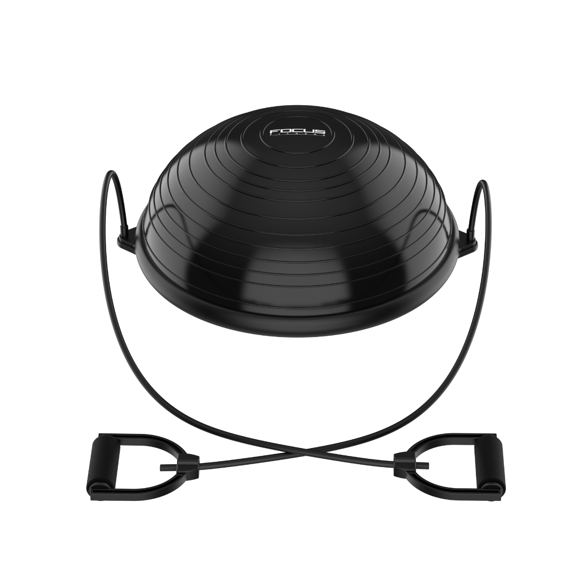 Zwarte BOSU balance trainer met weerstandsbanden bevestigd.
