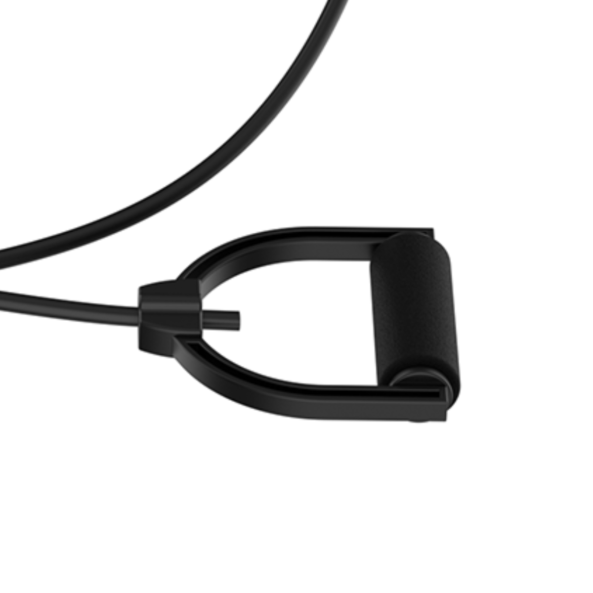 Zwarte oefenhandgreep met zwarte schuimgreep, verbonden met een zwarte kabel, tegen een witte achtergrond.