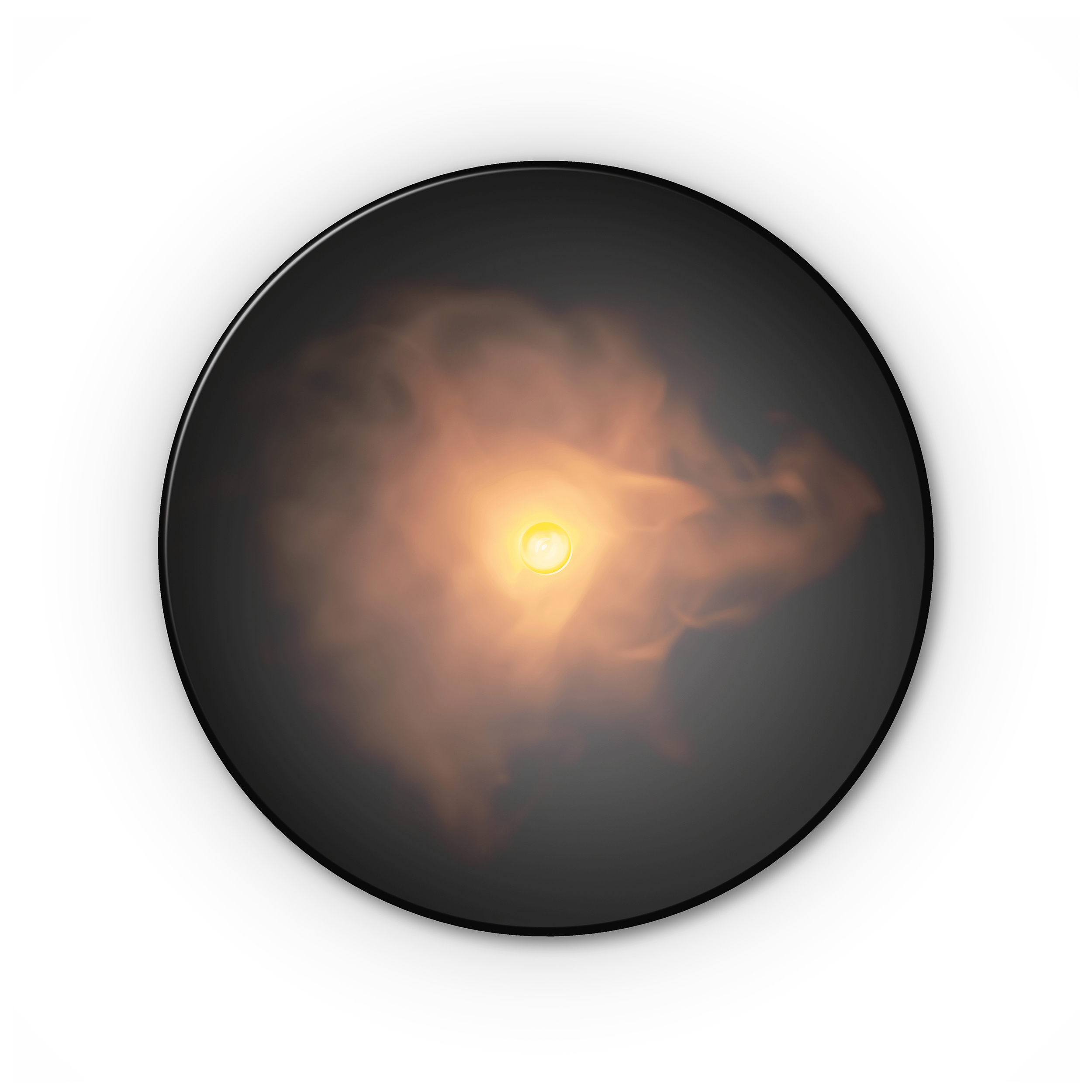 A black circle with a bright yellow light in the center, surrounded by a hazy glow.