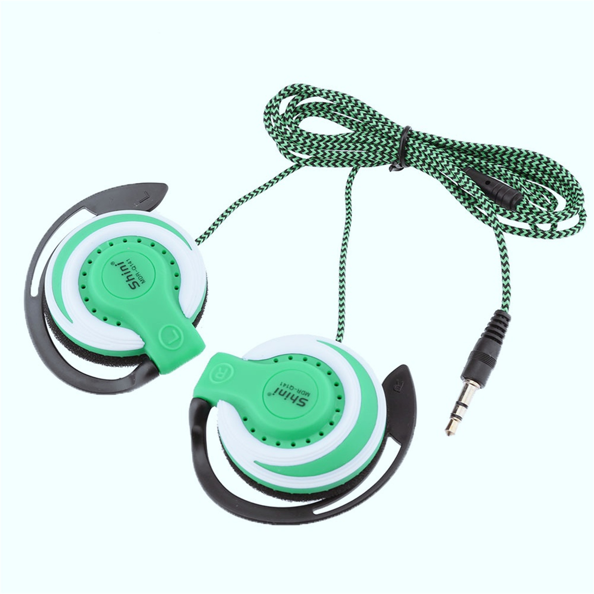 Grüne und weiße Sport-Ohrhörer mit grün-schwarzem geflochtenem Kabel.