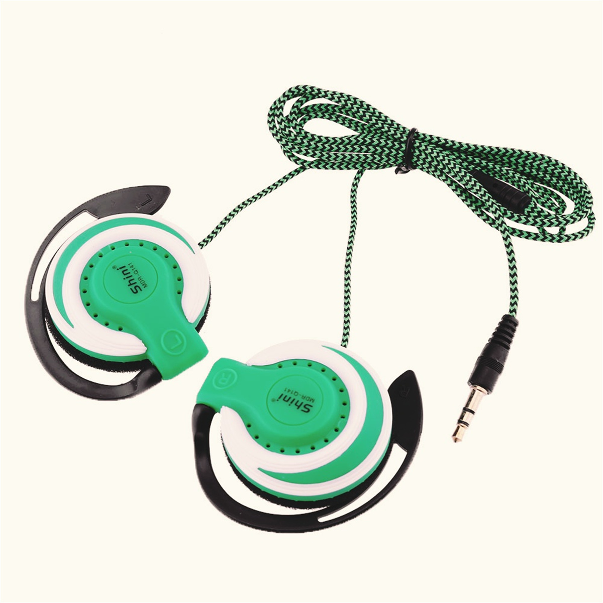 Grüne und weiße Kopfhörer mit einem grün-schwarzen geflochtenen Kabel. Die Kopfhörer haben eine gebogene Form.
