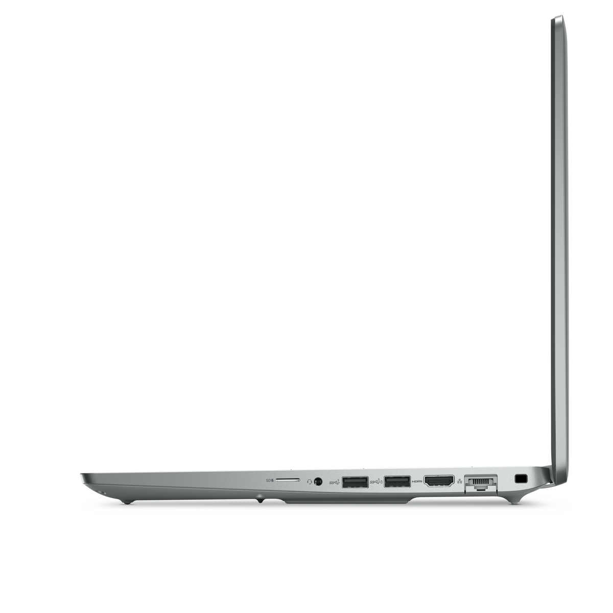 Widok z boku srebrnego laptopa z widocznymi portami. Na białym tle i profilu bocznym.