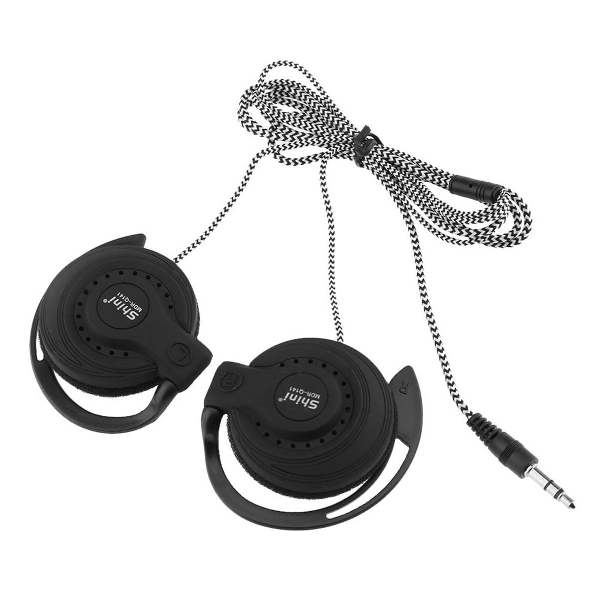 Schwarze Ohrhörer mit schwarz-weißem Kabel.