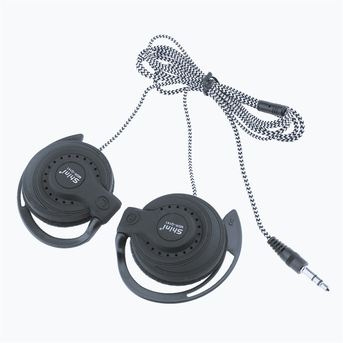 Schwarz-weiße Sport-Kopfhörer mit schwarz-weiß geflochtenem Kabel.