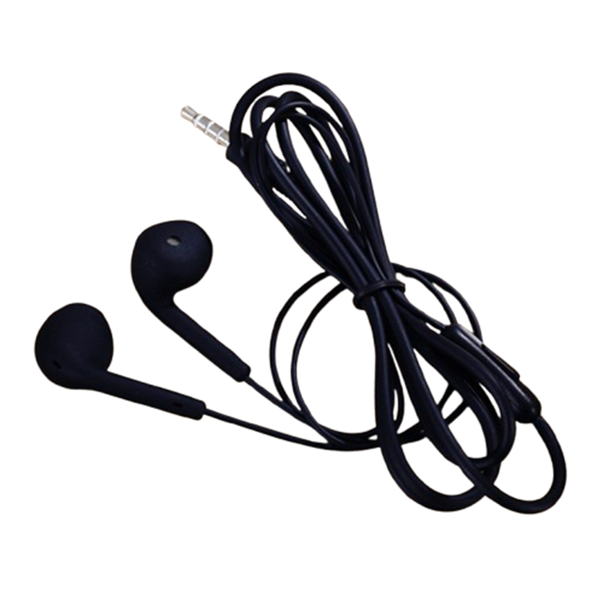 Schwarze In-Ear-Kopfhörer mit Kabel. Weißer Hintergrund. Nahaufnahme.