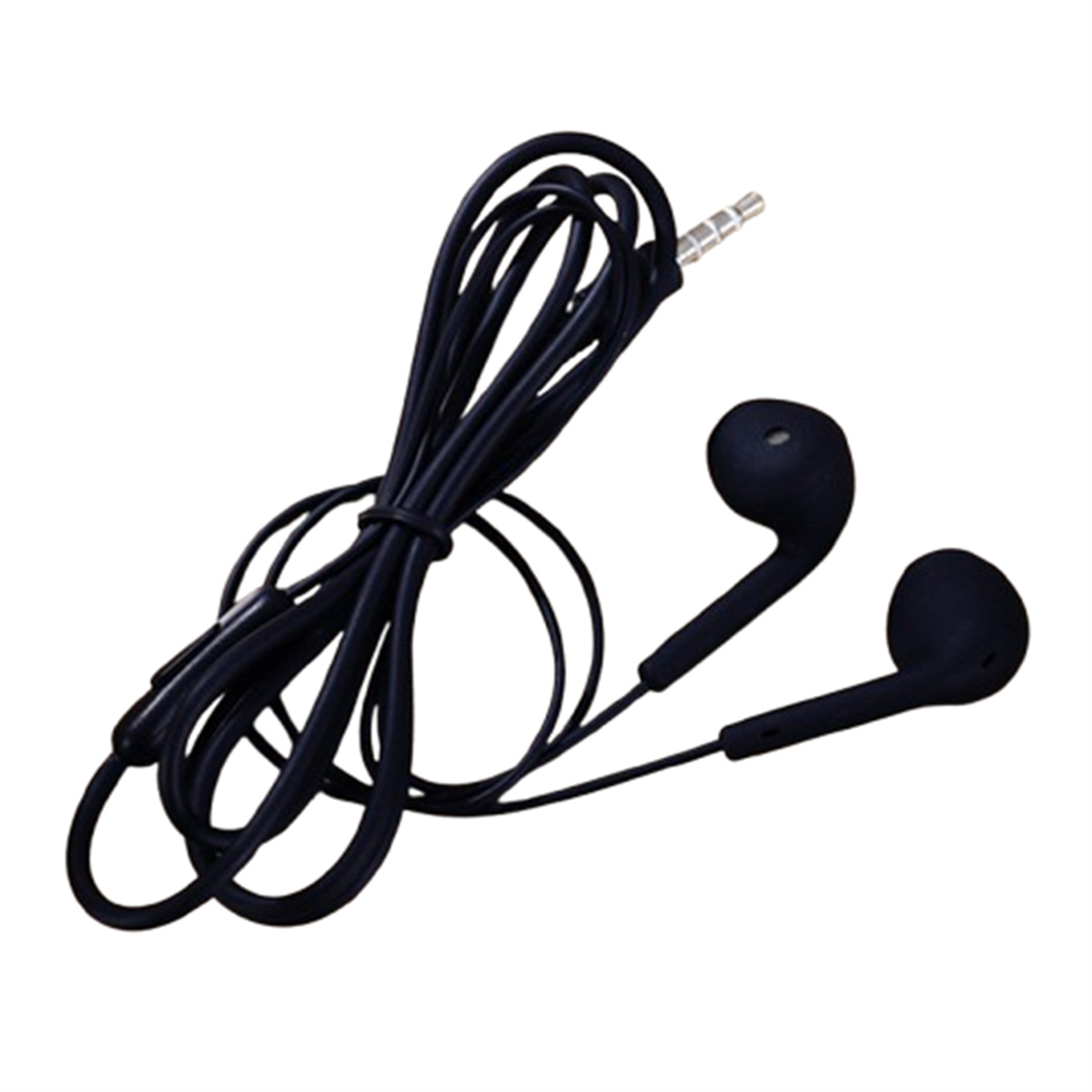 Schwarze Kopfhörer mit 3,5-mm-Klinke. Das Kabel ist aufgerollt.
