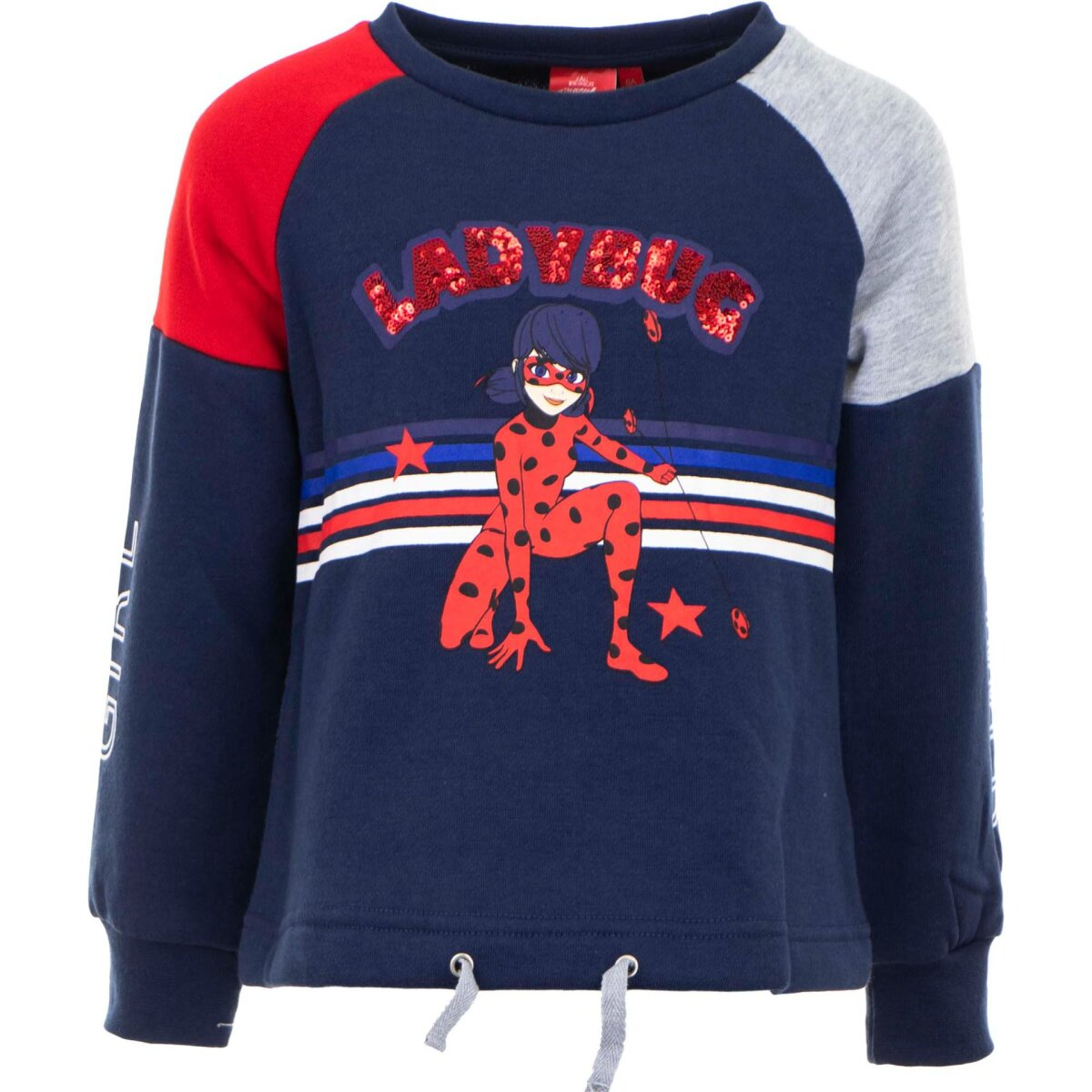 Ein marineblaues Ladybug-Sweatshirt. Es hat rote und graue Ärmel, eine Ladybug-Grafik und das Wort 'GIRL' auf dem Ärmel.