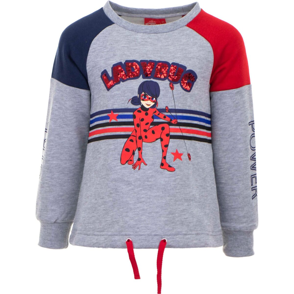 Graues Ladybug-Sweatshirt. Rote und blaue Ärmel. Ladybug-Grafik mit Sternen. "POWER" auf dem Ärmel. Rote Kordelzüge unten.