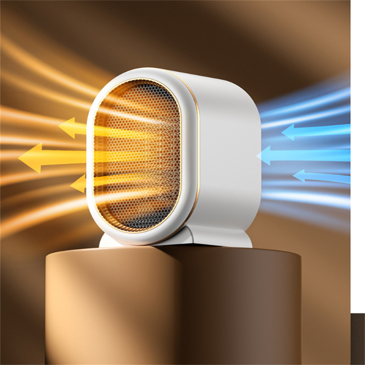 Ein weiß-goldener Elektroheizer mit Pfeilen, die den Luftstrom zeigen. Hintergrund braun.