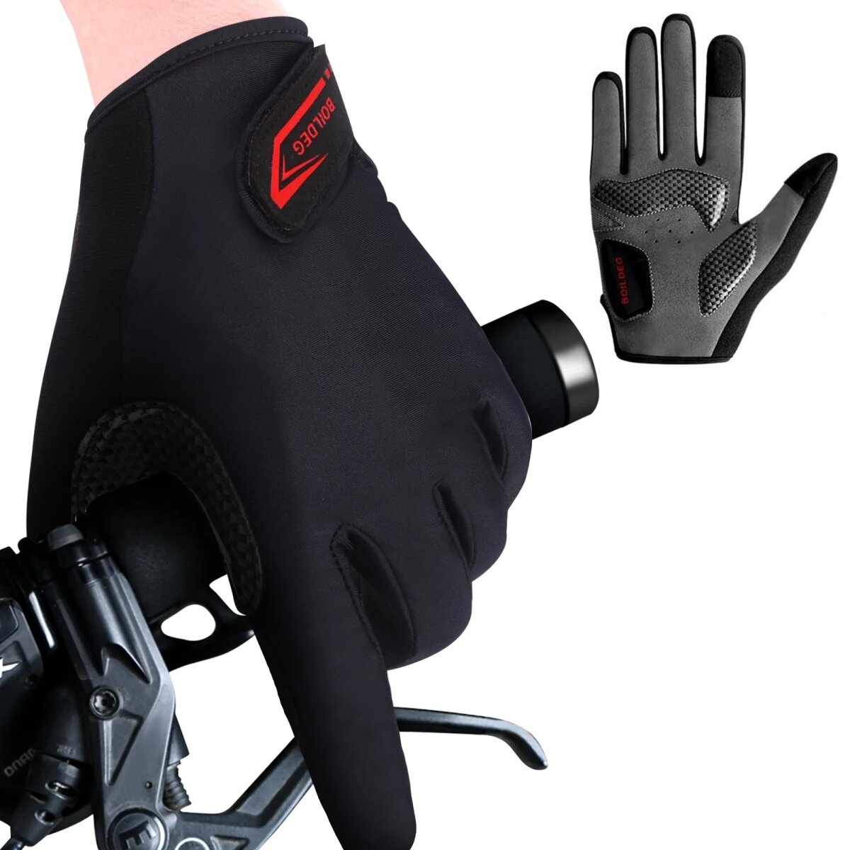 Schwarze Fahrradhandschuhe mit rotem Logo auf dem linken Handschuh und grauer Handfläche.