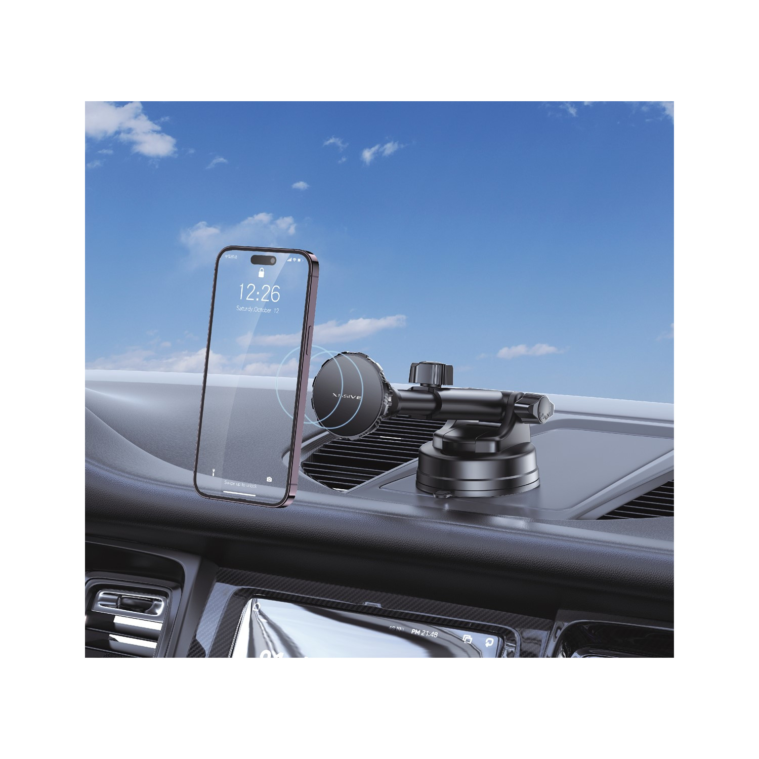 Ein Telefon auf dem Armaturenbrett eines Autos mit einer Telefonhalterung und blauem Himmel im Hintergrund.