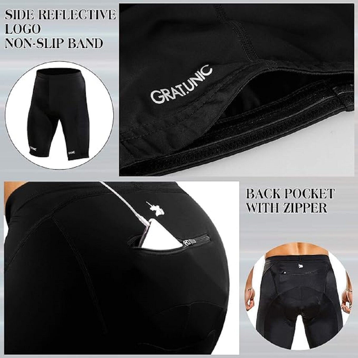 Schwarze Radlerhose mit Seitenlogos, einer Gesäßtasche und einem rutschfesten Bund.