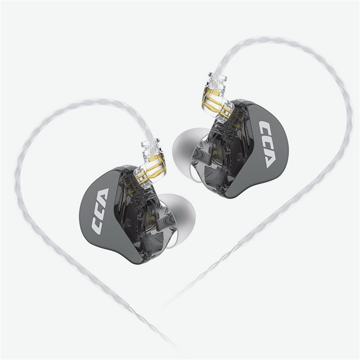 Graue In-Ear-Kopfhörer mit transparentem Ohrhörer und weißem Kabel, CCA-Logo.