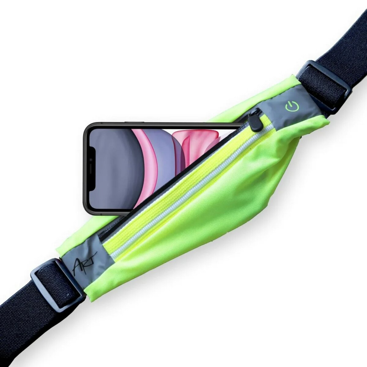 Neongrüne Bauchtasche mit Telefon in der Tasche, schwarzer Riemen.