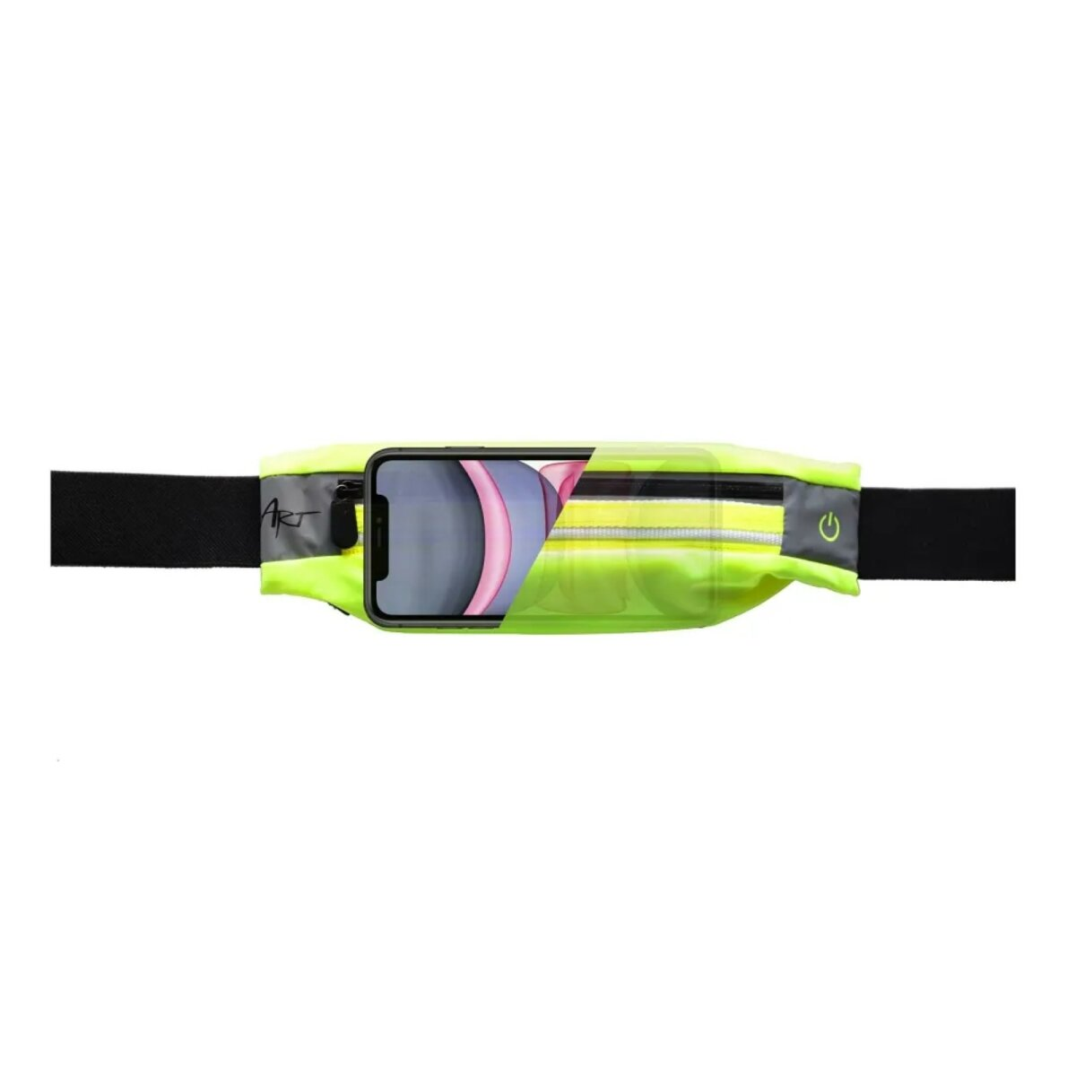 Ein neongrüner Laufgürtel mit einem Telefon in der transparenten Tasche und einem schwarzen Riemen.