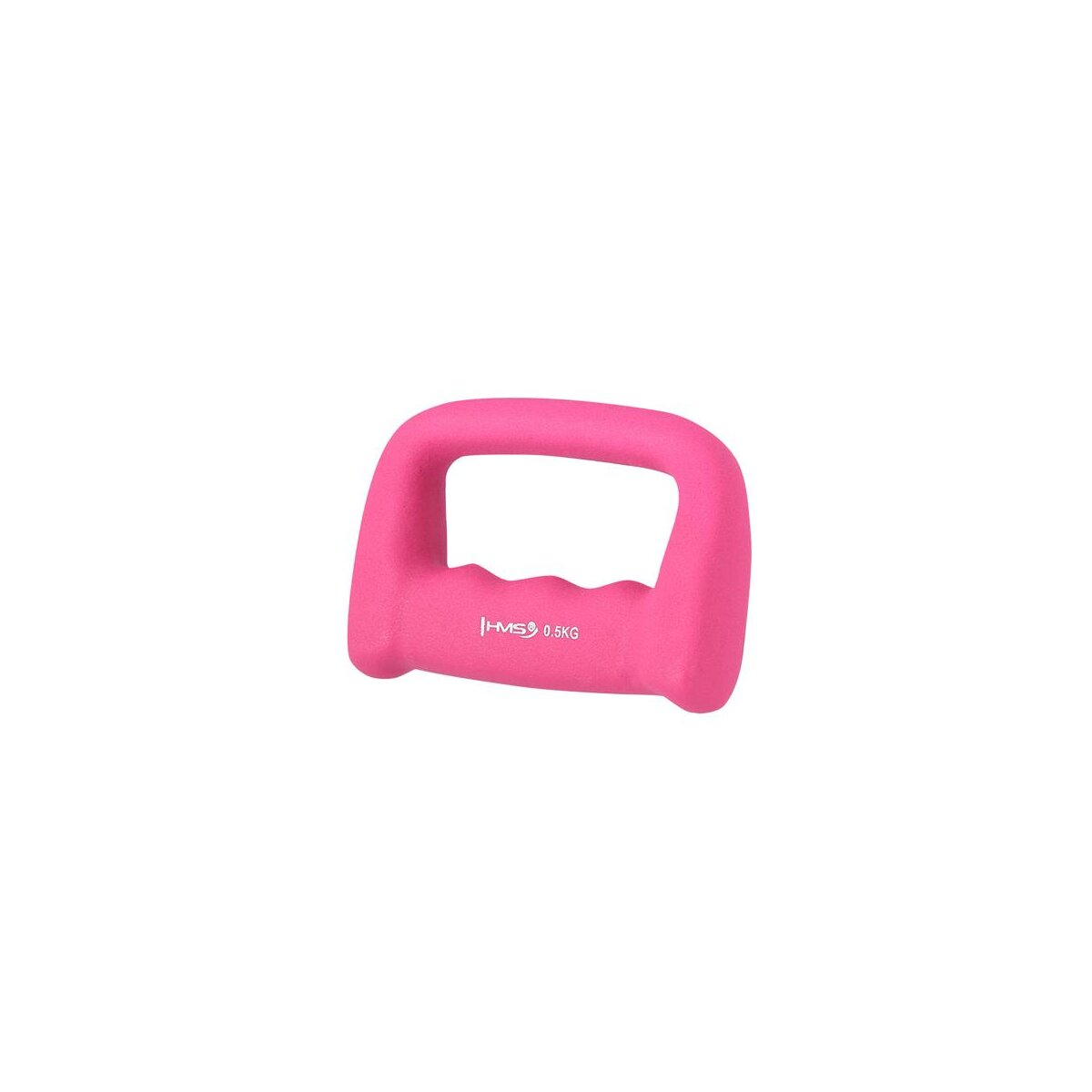 Manubrio rosa su superficie bianca. Il peso è di 0,6 kg.