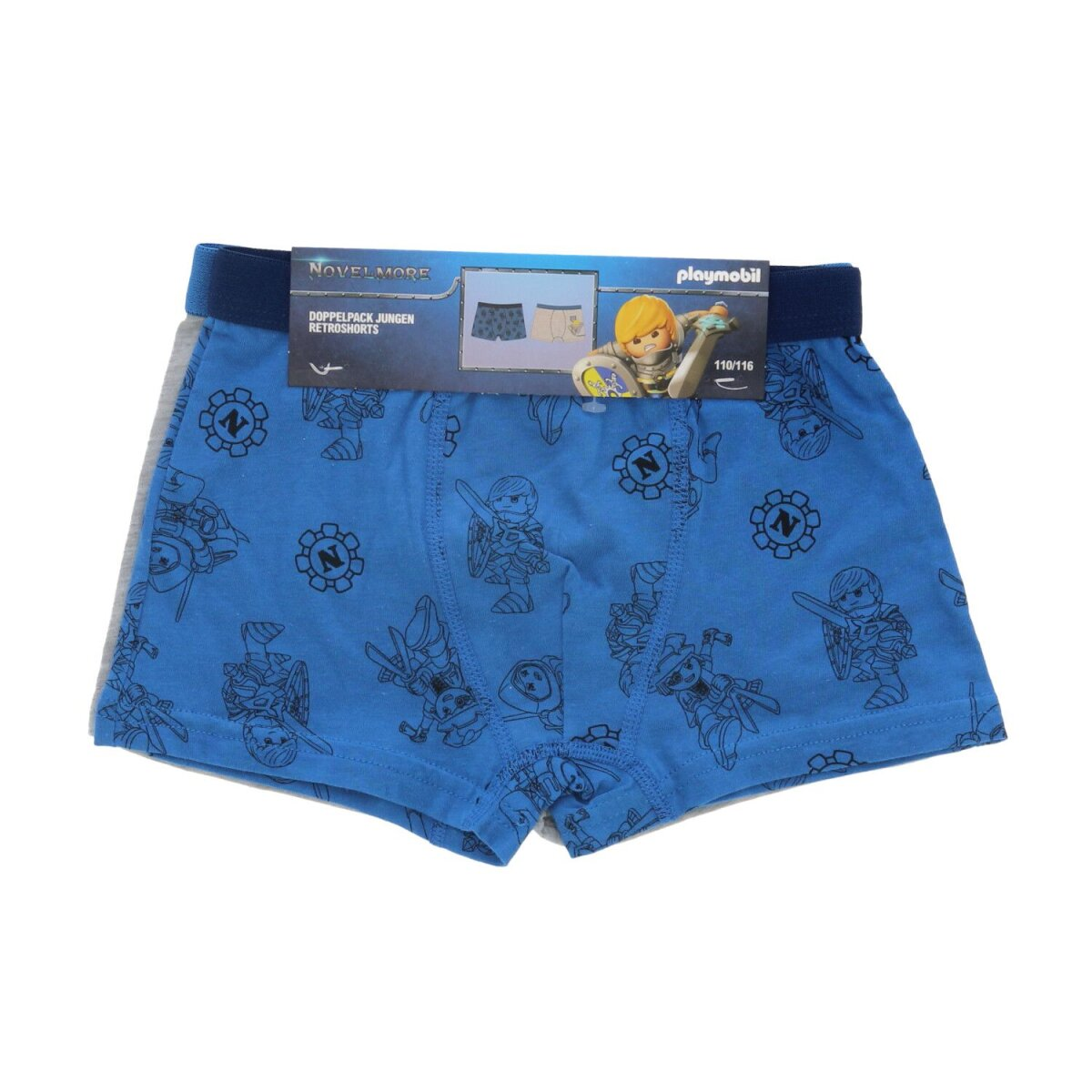 Blaue Kinderunterwäsche mit Cartoon-Ritterfiguren. Verpackt in einem Pappkarton.